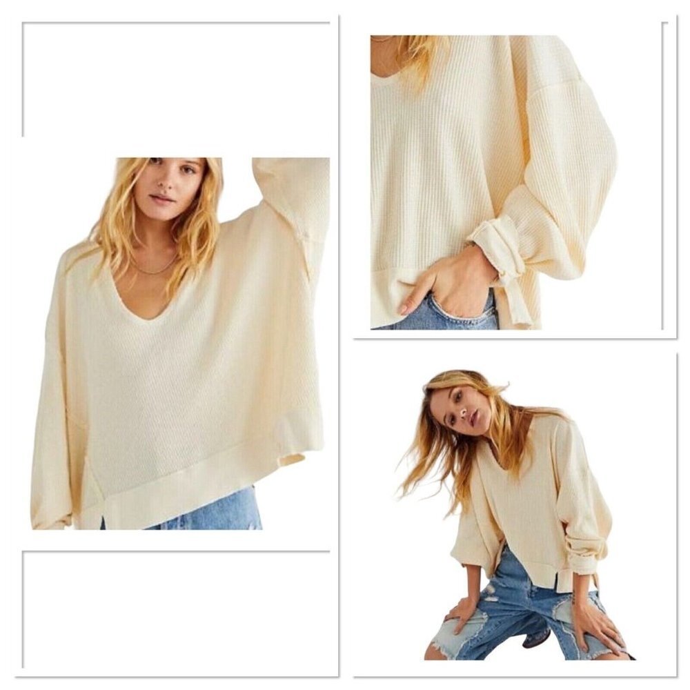Free People Santa Clara Thermal Top Dolman Sleeve V Neck Alabaster Ivory size M